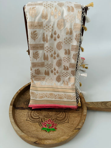 Banarasi Katan Silk Saree | Off-White | Gold Zari | Handwoven | Silk Mark Certified | Ships from California